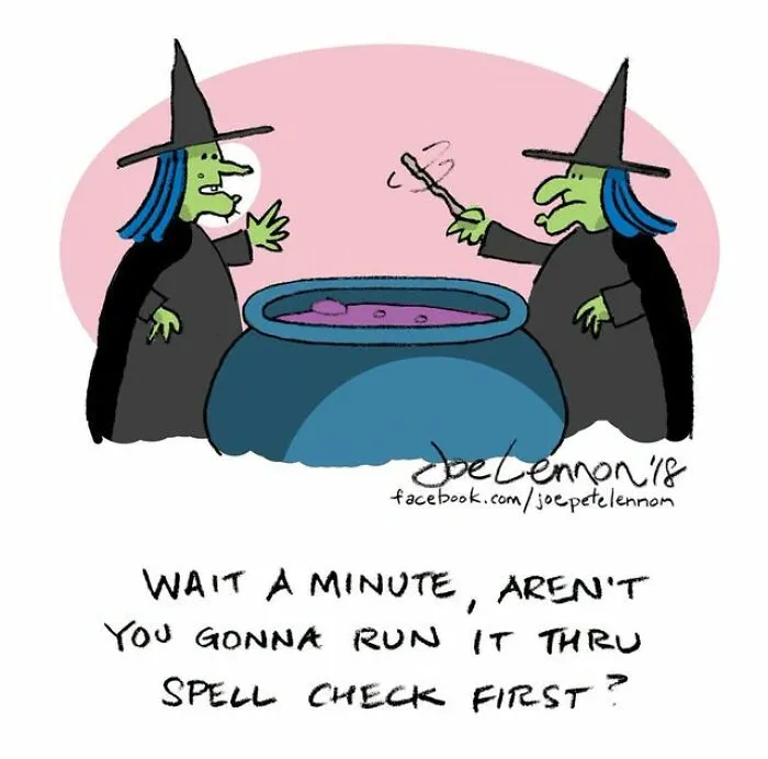 Halloween comic with witches preparing potion and spell check joke