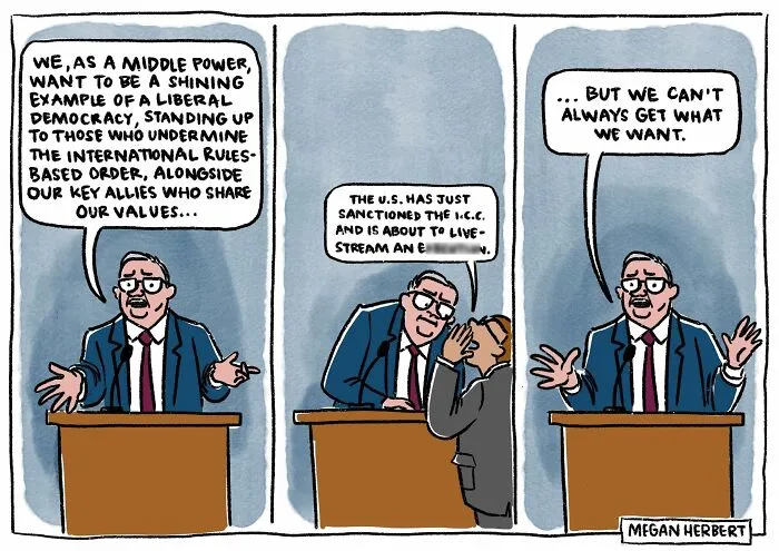 Comic strip showing middle power democracy and international rules commentary