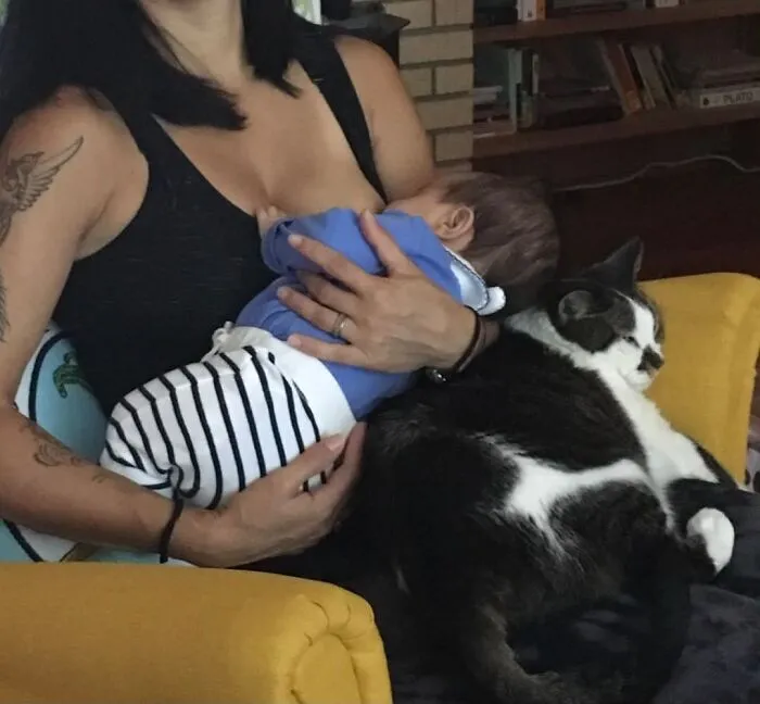 A black and white cat cuddling with a mother and her baby looking after babies on a sofa