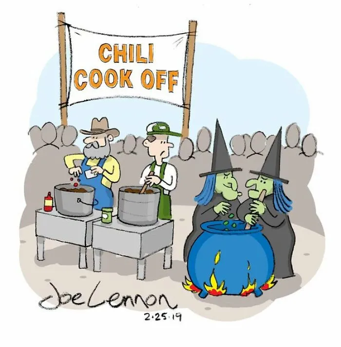 Halloween chili cook off with farmers and witches stirring a cauldron