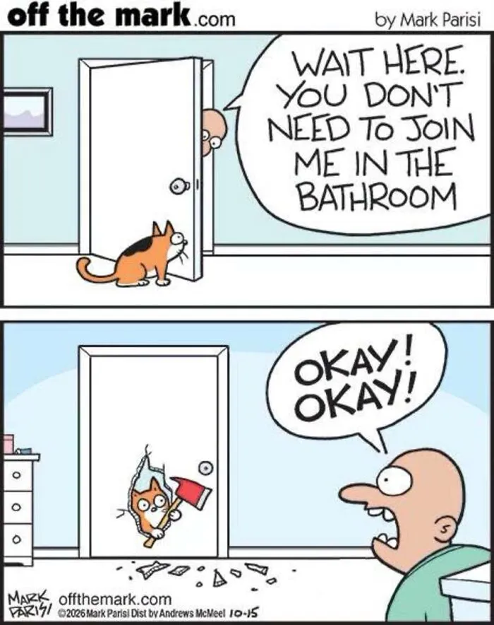 Funny Halloween comic by Mark Parisi depicting a cat chopping through a bathroom door like in The Shining.