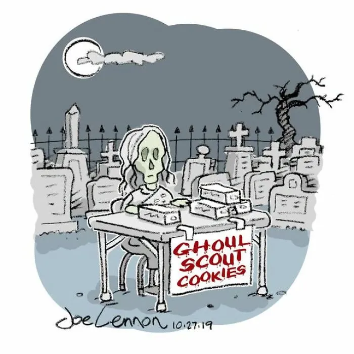 Ghoul selling scout cookies at a graveyard in Halloween comic
