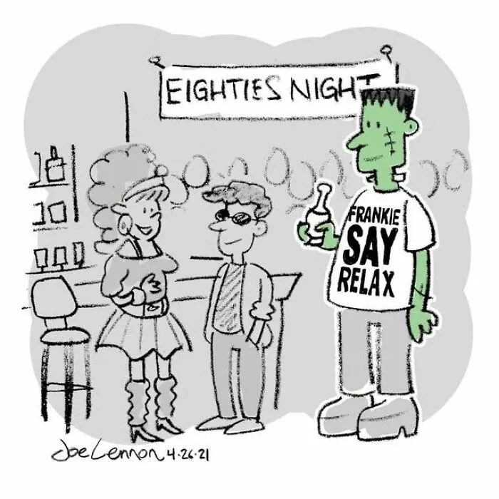 Halloween comics cartoon featuring a Frankenstein character at an eighties night party