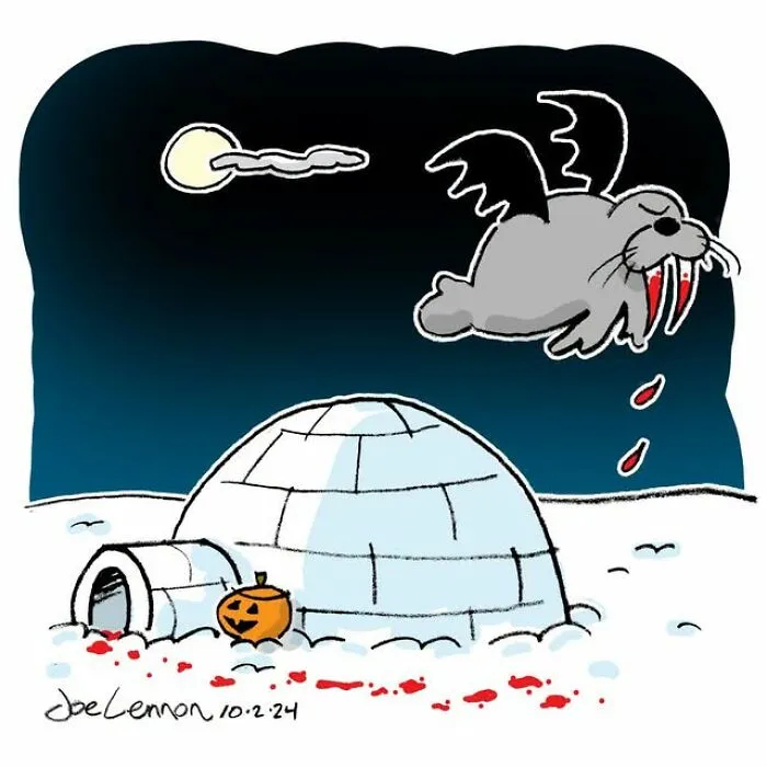 Halloween comic of a vampire walrus flying over snowy igloo with blood trail and pumpkin