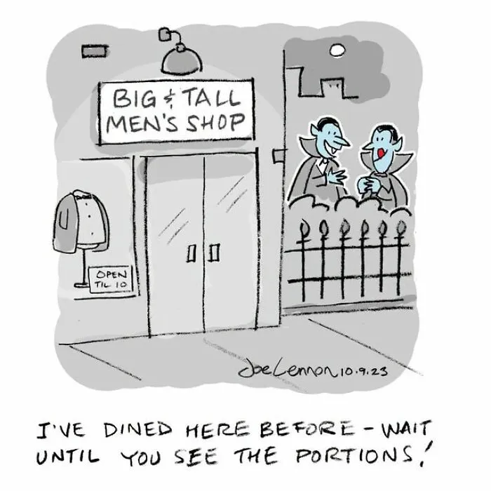 Halloween comic with two vampires outside Big and Tall Men's Shop joking about portions