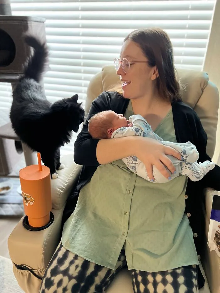Black cat looking at a mother holding a newborn, showing pets looking after babies