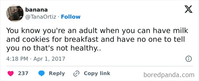 Adult meme about eating cookies and milk for breakfast freely