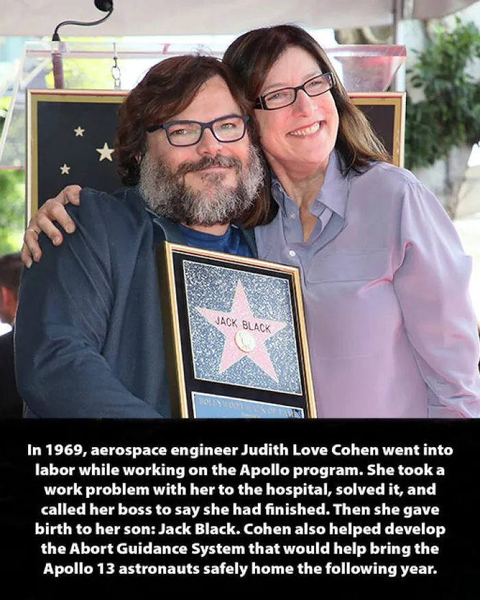 Jack Black posing with his mother Judith Love Cohen, highlighting interesting history moments in space exploration.