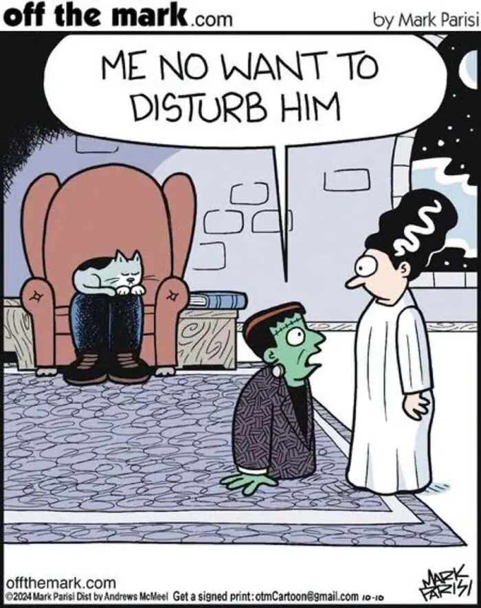 Halloween comic by Mark Parisi showing Frankenstein walking on his knees so he does not disturb a sleeping cat.