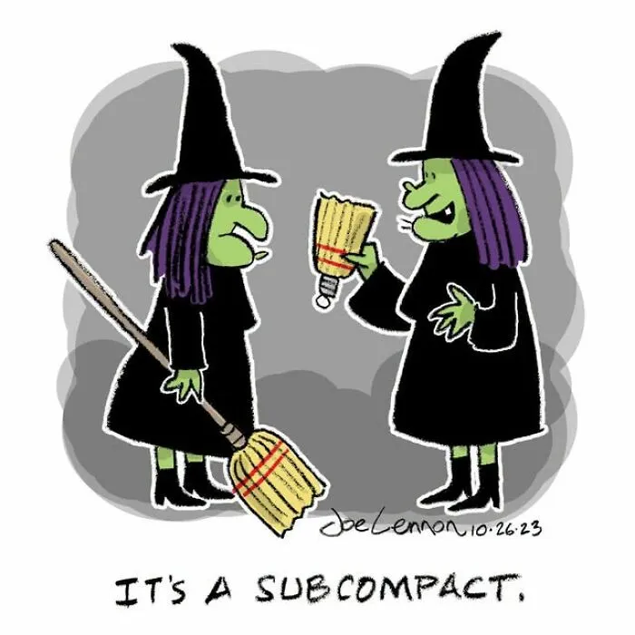Halloween comic with witches discussing a subcompact broom
