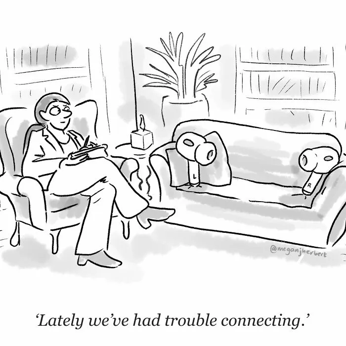 Black and white cartoon of therapist and couch with disconnected earbuds