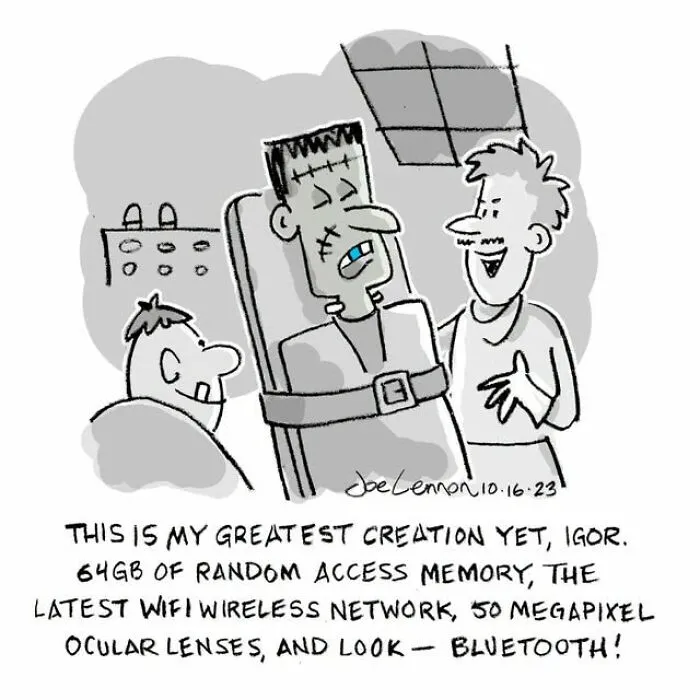 Halloween comic of Frankenstein computer with WiFi and Bluetooth features