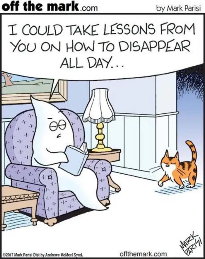 A ghost character talks to a cat in a Halloween comic panel by Mark Parisi