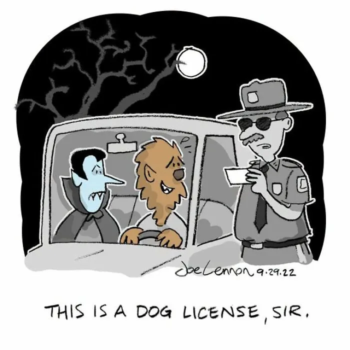 Halloween comic of werewolf and vampire stopped by cop showing a dog license