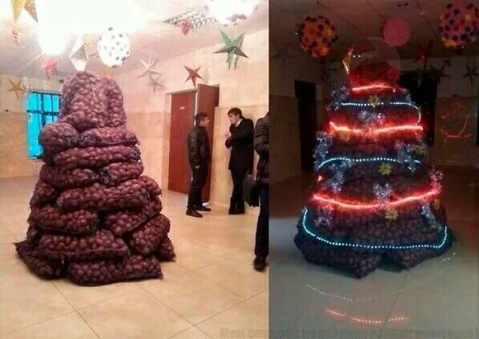 A Christmas tree made of potato sacks with lights, showcasing funny Slavic engineering ideas.