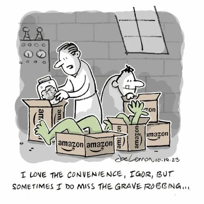 Halloween comic showing grave robbing replaced by Amazon boxes humor