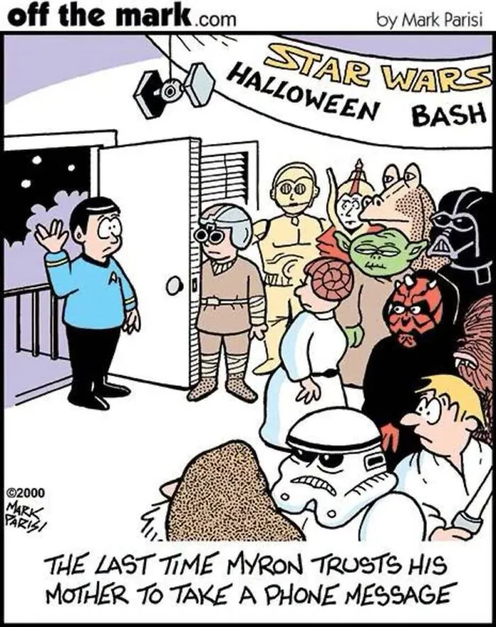 Star Trek character shows up at a Star Wars party in this Halloween comic by Mark Parisi