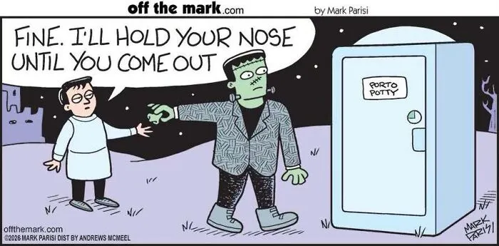 A hilarious Halloween comic showing Frankenstein holding someone's nose outside a porta potty