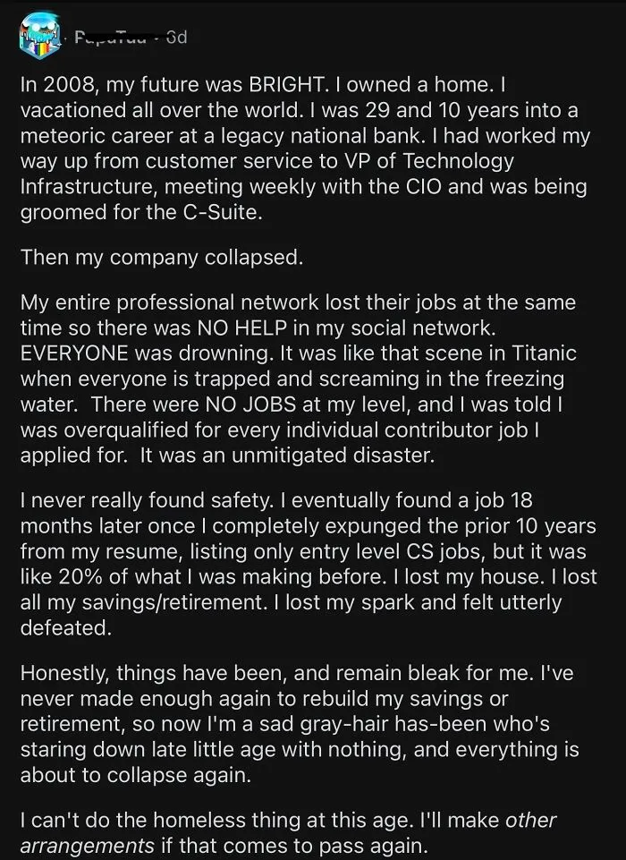 Text post sharing a personal story of job loss and financial hardship in modern life