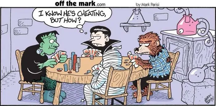 A funny Halloween comic by Mark Parisi depicting classic monsters playing poker together at a round table