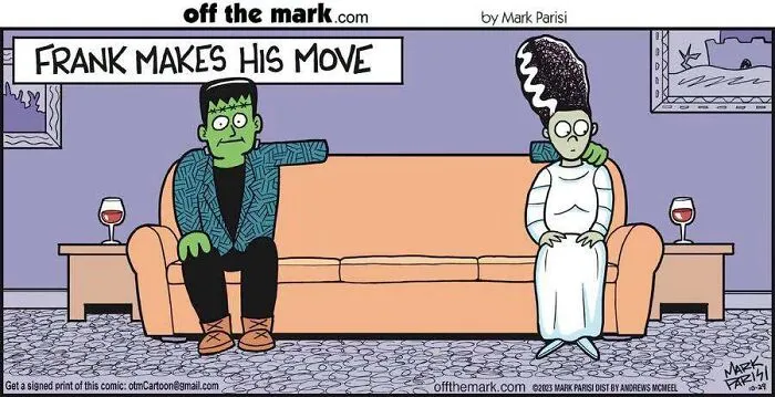 A hilarious Halloween comic featuring Frankenstein stretching his arm across a sofa to put it around his date