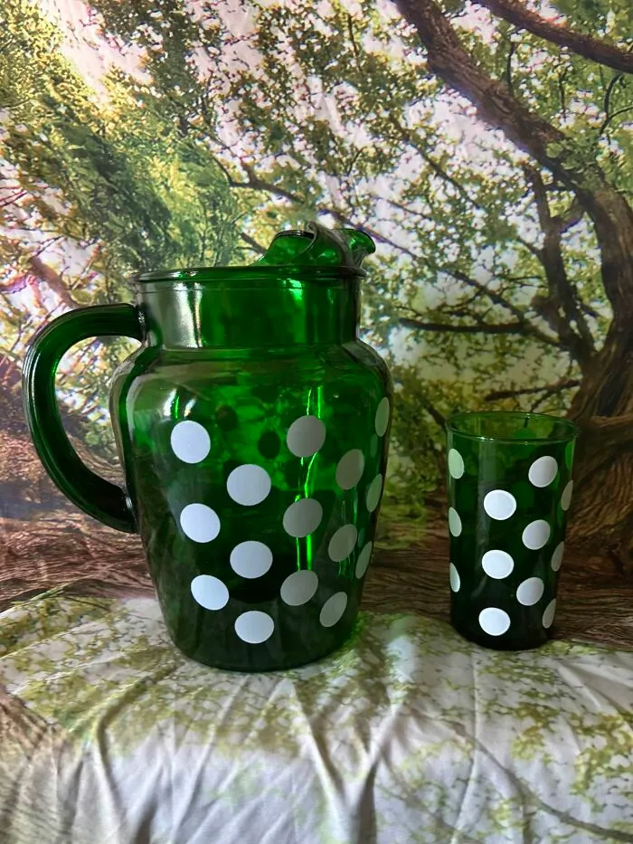 Green glass polka dot pitcher and matching glass thrift store finds