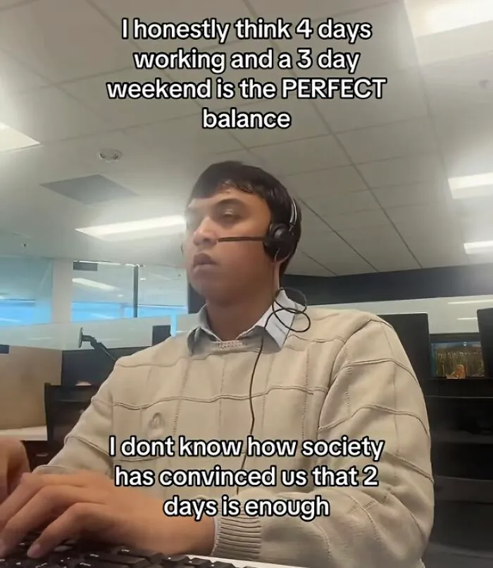 Man in office headset suggesting four-day workweek is the perfect balance