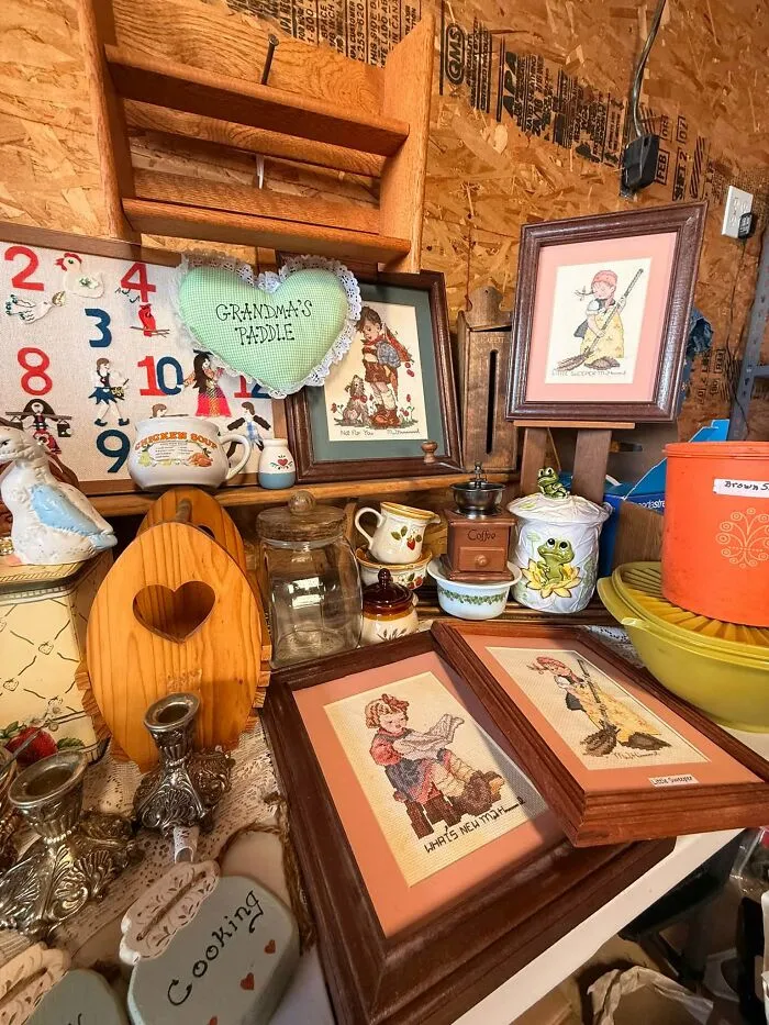Vintage kitchen decor and framed embroidery art thrift store finds