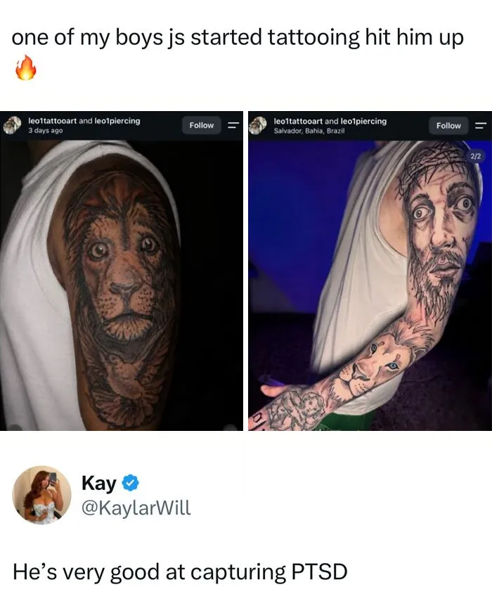Funny memes post showing poorly drawn tattoos of a lion and Jesus that look shocked