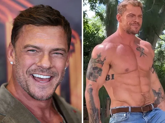 Alan Ritchson smiling on the left and showing his muscular physique on the right, nominated for Sexiest Man Alive