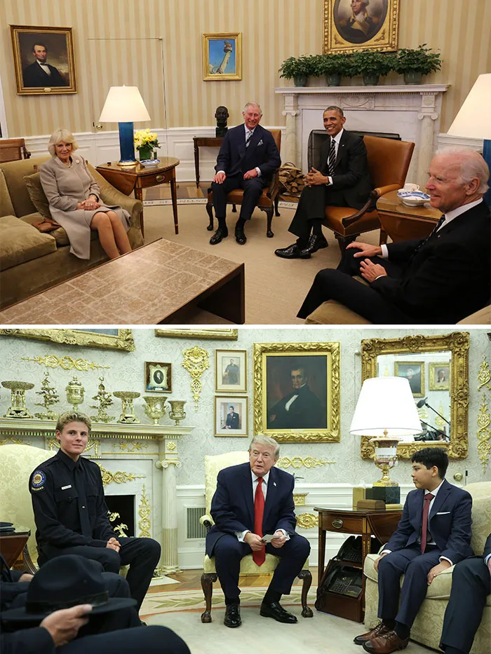 Side-by-side photos of Obama and Trump hosting guests in their respective Oval Offices.