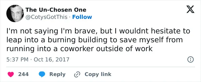 Funny post about avoiding a coworker from relatable work tweets.
