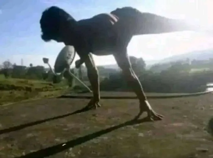 A person posed outdoors in forced perspective looking like a giant creature in a confusing photo.