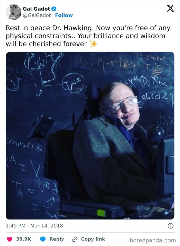 A tweet by Gal Gadot about Stephen Hawking, showing celebrity social media fails.