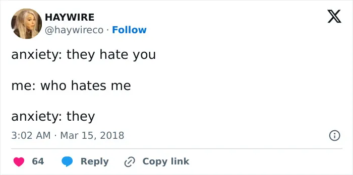 Humorous social media post about anxiety from relatable work tweets.