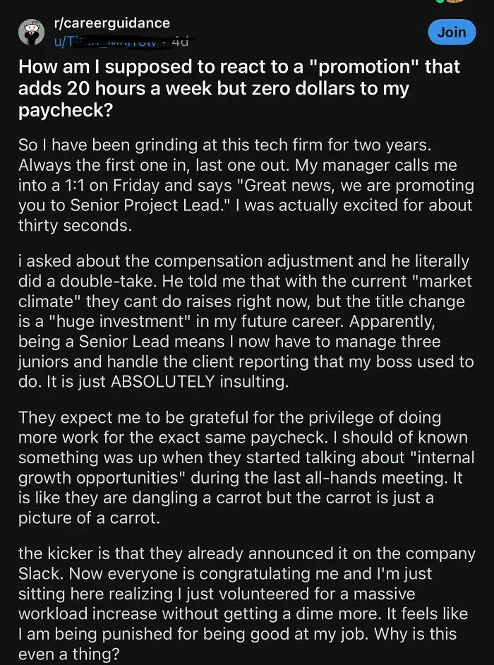 Post about unpaid promotion and increased workload in financial dystopia