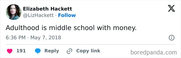 Sarcastic tweet comparing adulthood to middle school meme
