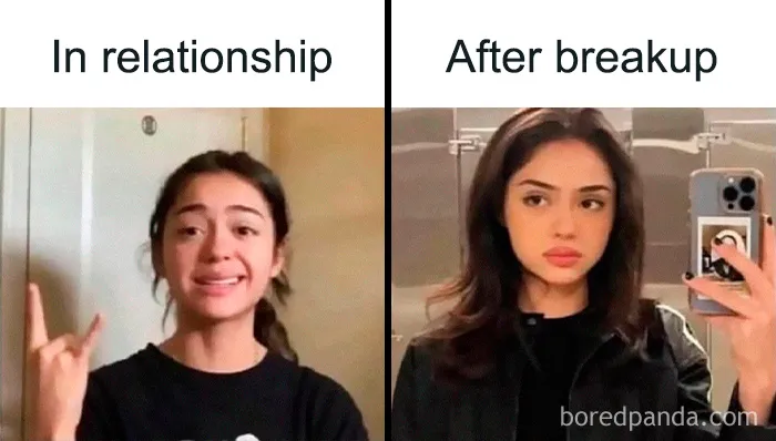 Relatable female meme showing woman in relationship vs after breakup expressions
