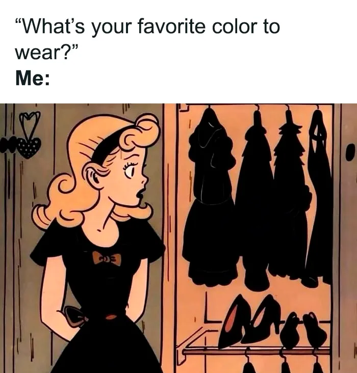 Animated woman in black dress selecting favorite color, relatable female memes