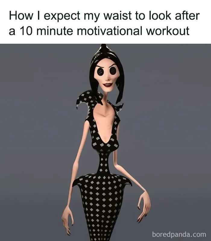 Relatable female memes character with an unrealistically thin waist from a quick workout humor