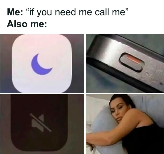 Funny relatable female meme about ignoring calls and messages with do not disturb icons and sleeping woman