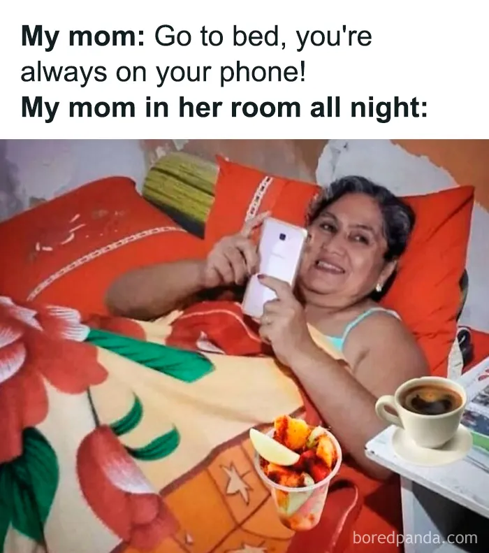 Relatable female meme showing mom using phone in bed while telling child to sleep