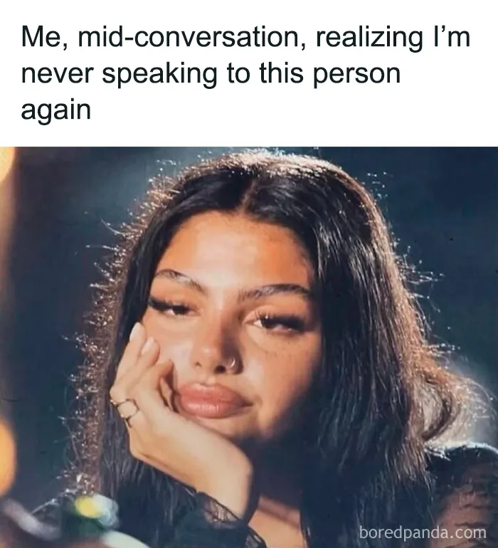 Relatable female meme showing woman mid-conversation with disappointed expression