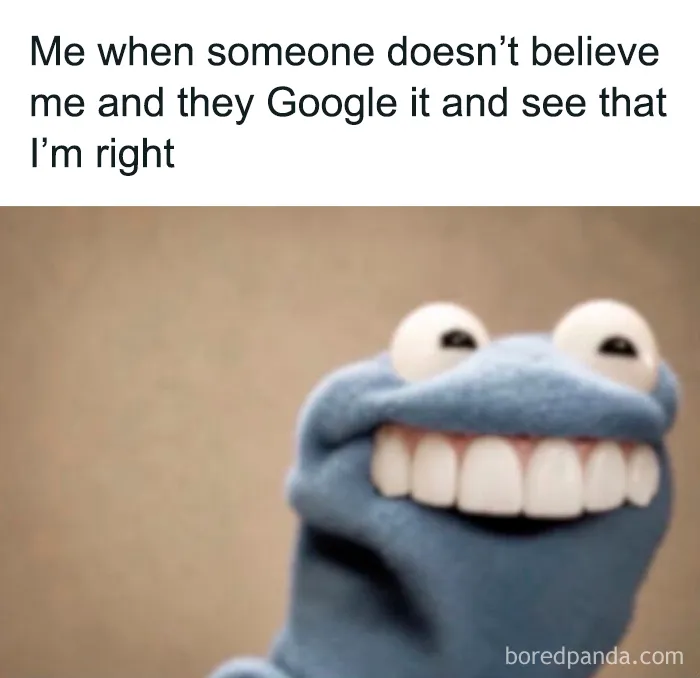 Relatable female meme with smiling puppet and text about proving being right by Googling