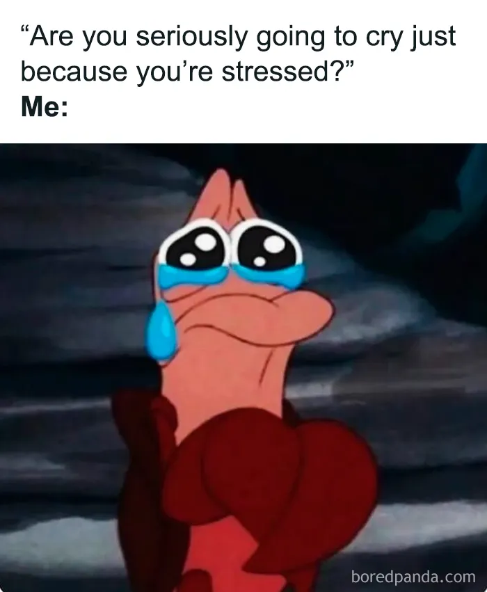 Female meme with crying cartoon crab stressed and emotionally overwhelmed