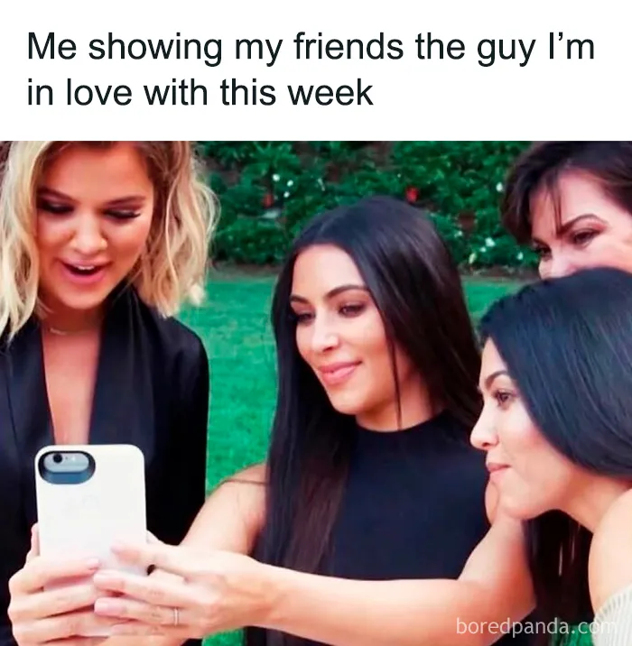 Female meme of women looking at a phone showing a guy one loves this week