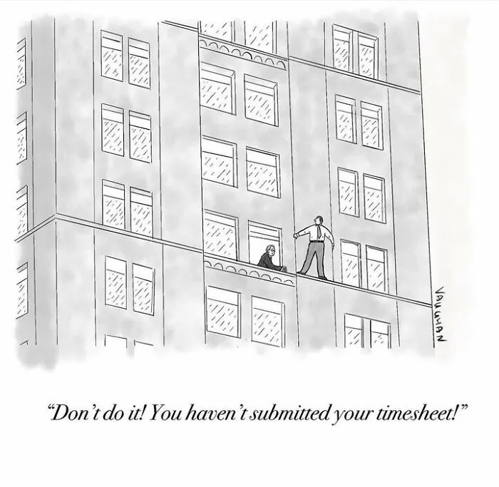 Man on ledge being stopped from jumping over unsubmitted timesheet in comedy comic