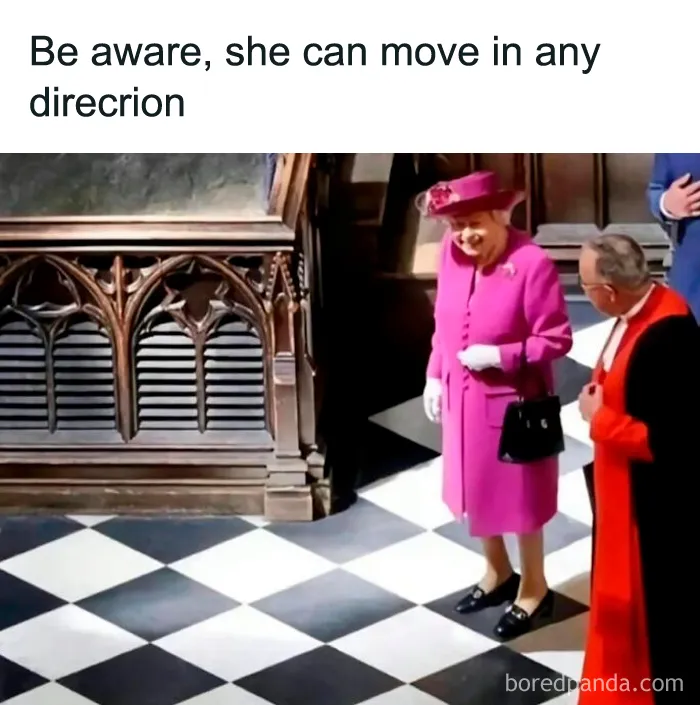 Queen looking down at checkered floor with warning text