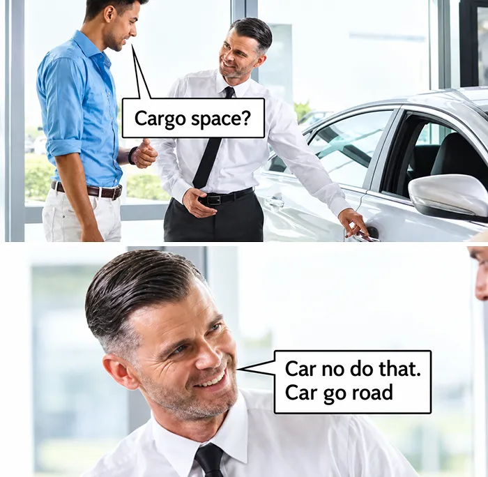 Car salesman explaining cargo space in a car meme about random memes