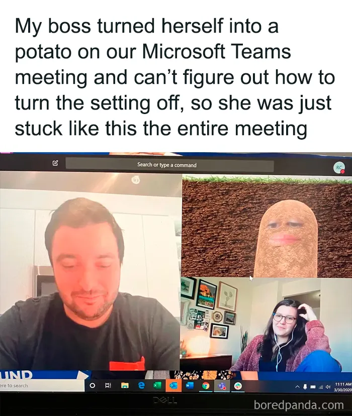 Microsoft Teams meeting with boss stuck as a potato meme during video call
